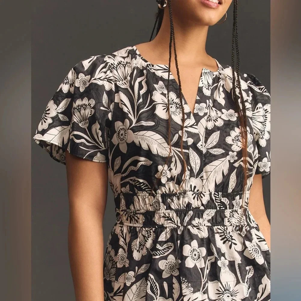 Anthropologie The Somerset Blouse Black & White Floral V-Neck Puff Sleeve Peplum - Picture 9 of 11